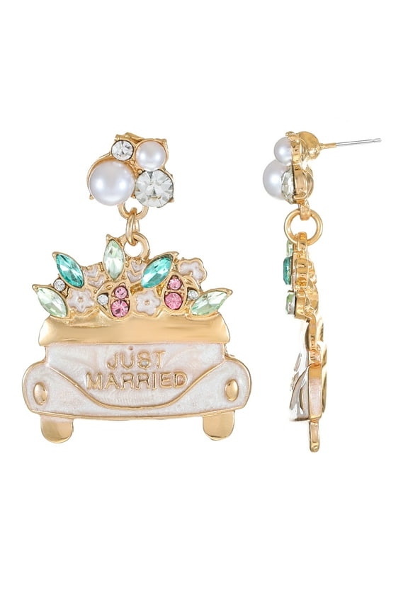 Goldtone Just Married Earrings, Female, Bridal Theme, 1 Pair