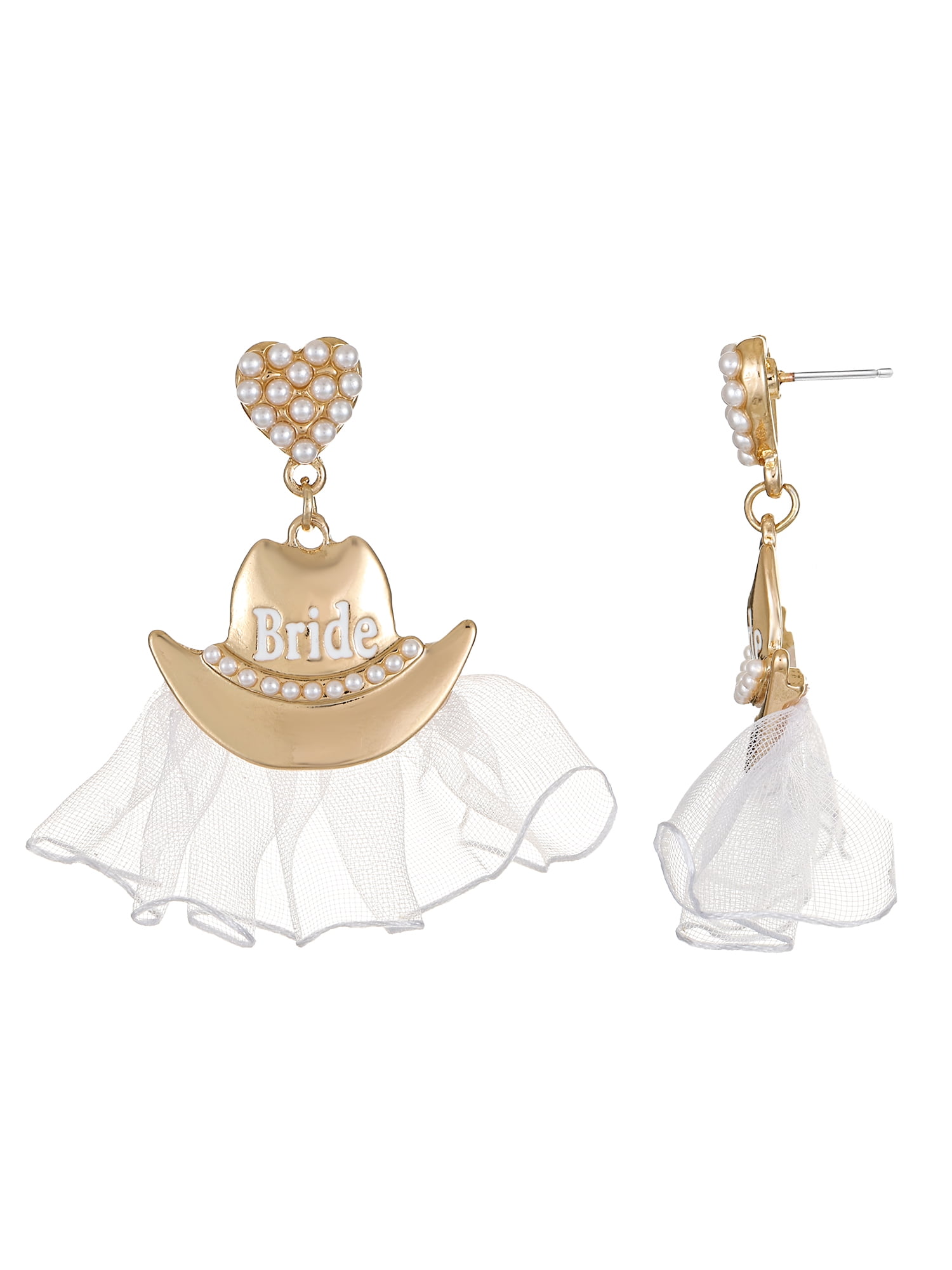 Packed Party Goldtone Last Rodeo Bride Cowboy Hat Earrings, Female, Bridal Theme, 1 Pair