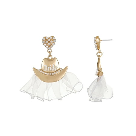 Packed Party Goldtone Last Rodeo Bride Cowboy Hat Earrings, Female, Bridal Theme, 1 Pair