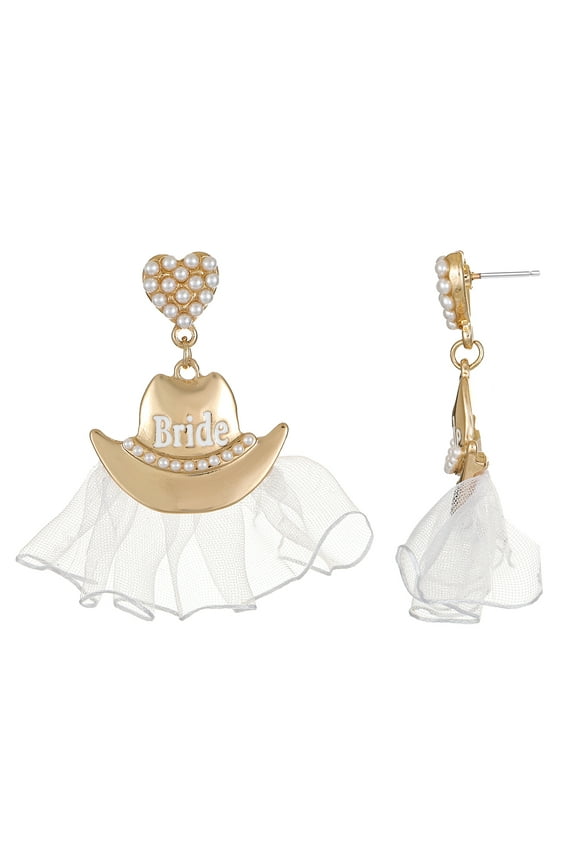 Goldtone Last Rodeo Bride Cowboy Hat Earrings, Female, Bridal Theme, 1 Pair