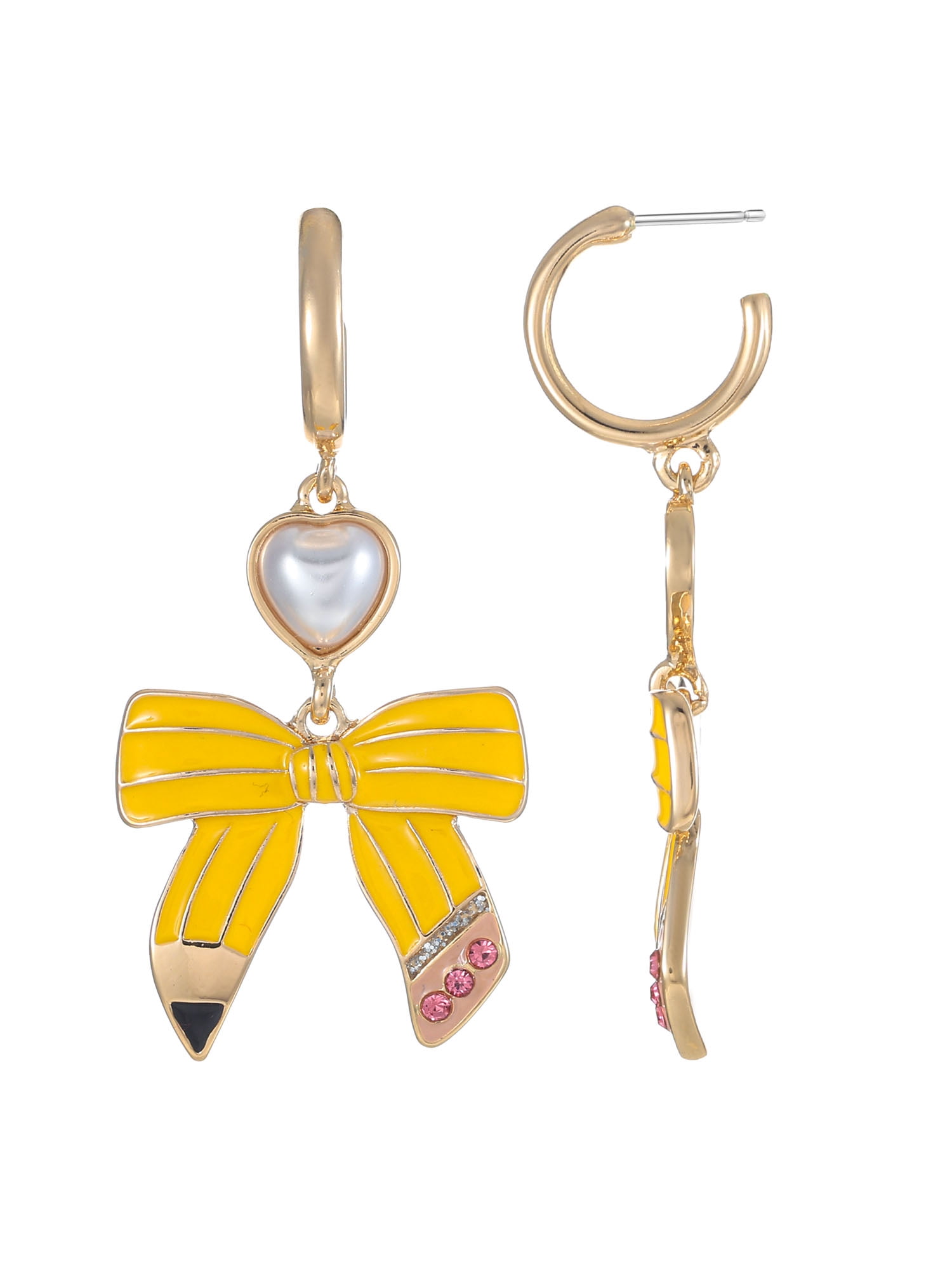 Packed Party Women's Pencil Bow Earrings with Pearl Heart for Back to School