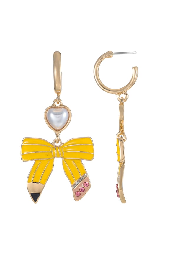 Women's Pencil Bow Earrings with Pearl Heart for Back to School