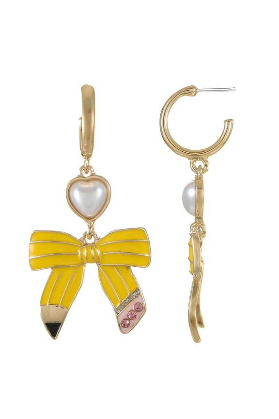 Women's Pencil Bow Earrings with Pearl Heart for Back to School
