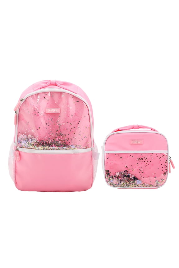 Confetti Filled Pink 17" Backpack With Lunchbox