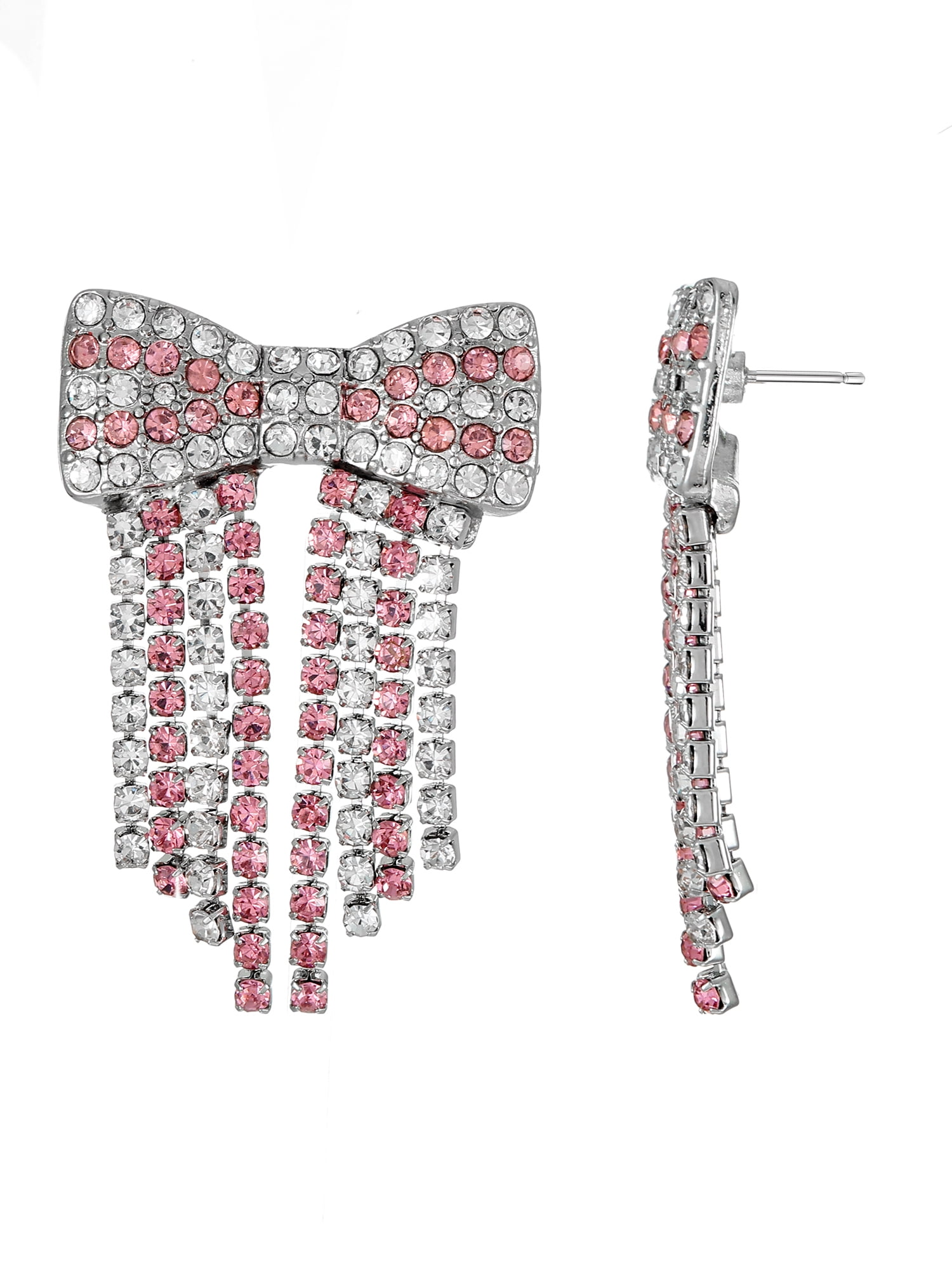 Packed Party White and Pink Crystal Bow Earrings, 1 Pair