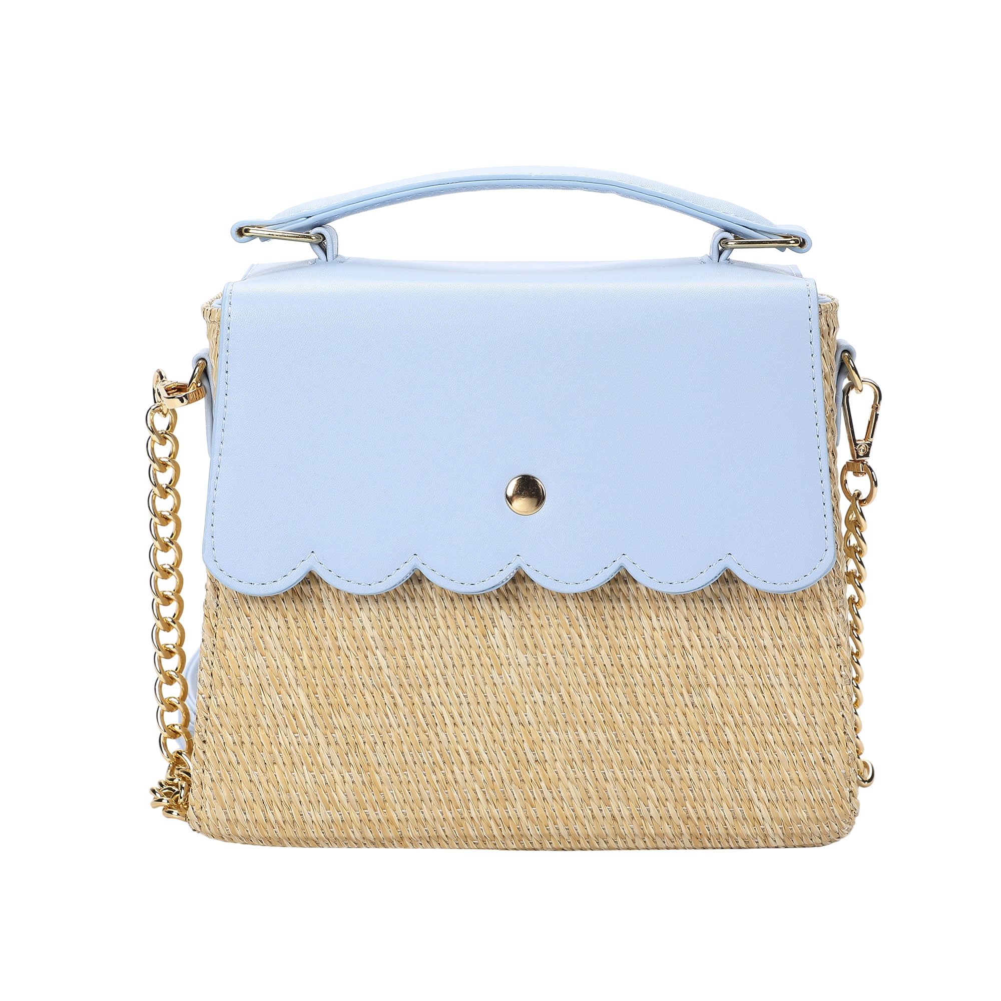 Packed Party Women's Woven Straw Crossbody Bag with Faux Leather Scallop and Chain Strap, Blue