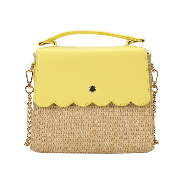 Packed Party Women's Woven Straw Crossbody Bag with Faux Leather Scallop and Chain Strap, Yellow