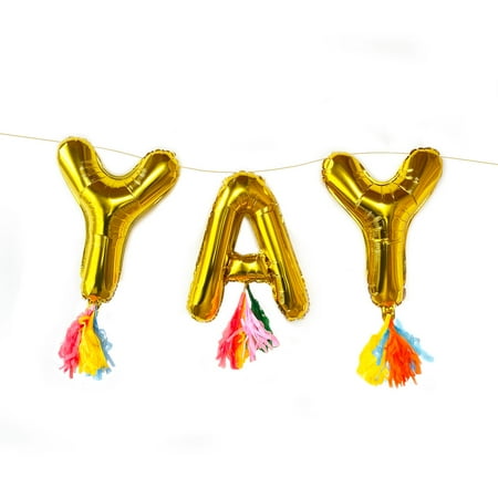 Packed Party 'Yay' 18"H Gold Foil Mylar Balloon Banner with Tassels