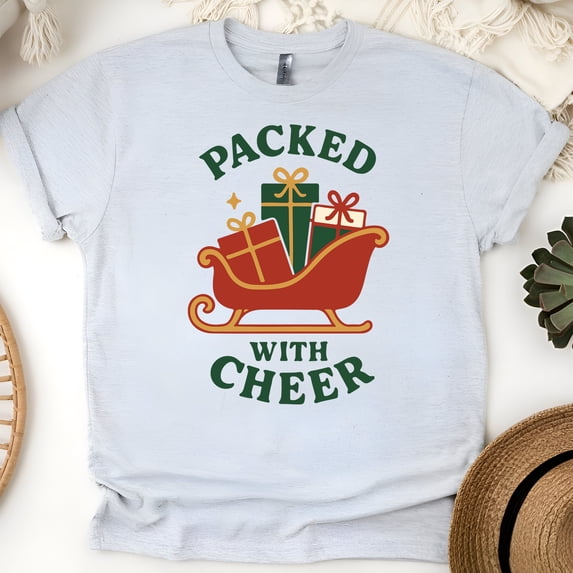 Packed With Cheer Graphic Tee | Gift Sleigh Shirt | Unisex Casual T-Shirt, Ash, Size L