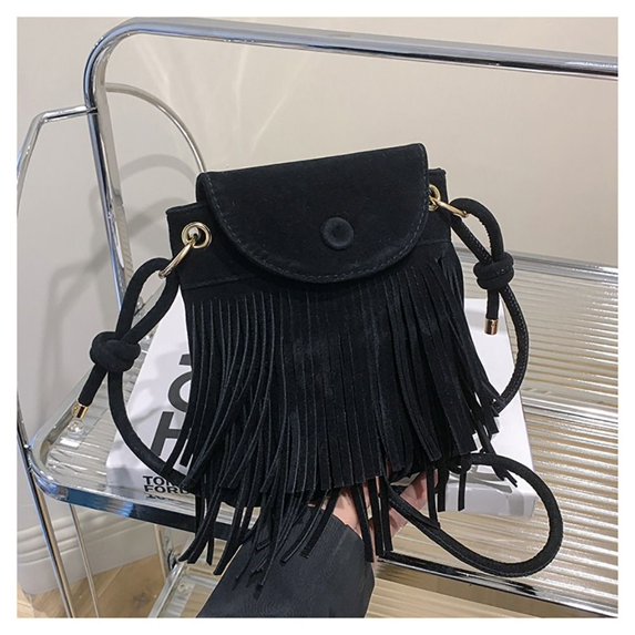 Packet Fringe Fashion Crossbody Grocery Bag Women Tote Bag Mobile Phone Handbag Shoulder Bag BLACK