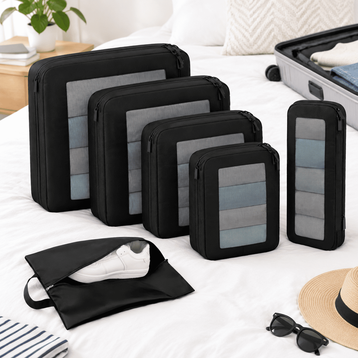 Packing Cubes, 05-Jet Black, Half Mesh, Travel Organizer for Luggage ...