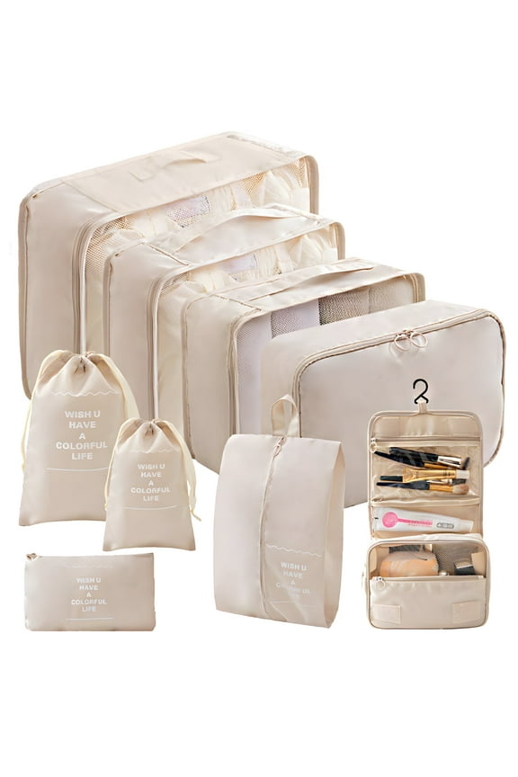 Packing Cubes - 9 PCS Travel Pouch Set, Compression Bags For Travel, Suitcase Essentials Organizer Bags Set, Beige