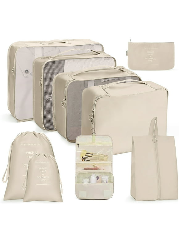 Packing Cubes 9 Set, Travel Packing Organizers for Suitcase Set Luggage Organizers for Suitcase Lightweight Travel Essential Bag with Large Toiletries Bag for Clothes Shoes, Beige