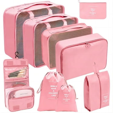 Packing Cubes 9 Set, Travel Packing Organizers with Large Toiletries Bag for Clothes Shoes, Pink