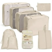 Packing Cubes 9 Set, Travel Packing Organizers with Large Toiletries Bag for Clothes Shoes, Beige