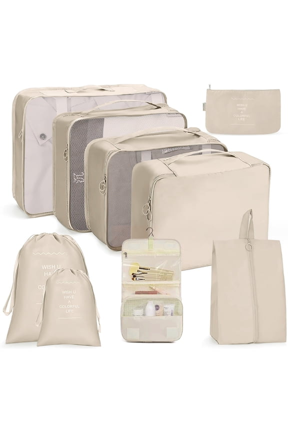 Packing Cubes 9 Set, Travel Packing Organizers with Large Toiletries Bag for Clothes Shoes, Beige