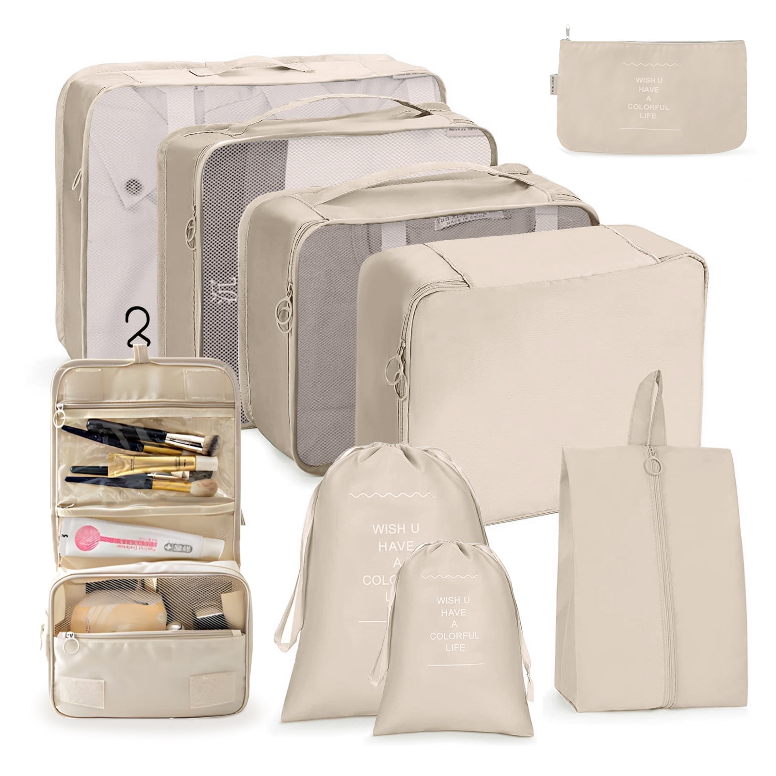 Packing Cubes 9 Sets for Travel Luggage, Luggage Organizer Set with Hanging Toiletry Bag & Shoe Bag, Breathable Mesh Vacation Essentials for Suitcase, Travel Storage Bags for Men Women, Beige