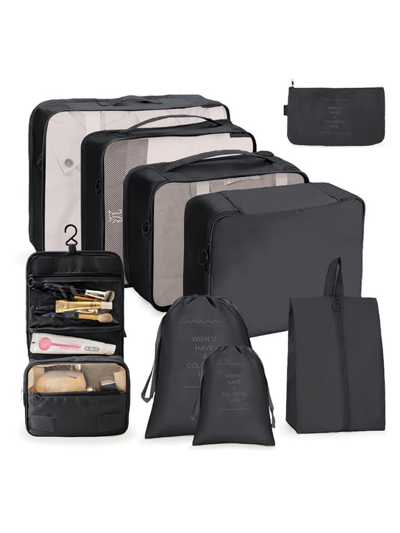 Packing Cubes 9 Sets, Travel Luggage Organizer Set with Hanging Toiletry Bag & Shoe Bag, Mesh Suitcase Essentials, Vacation Storage for Men Women, Black