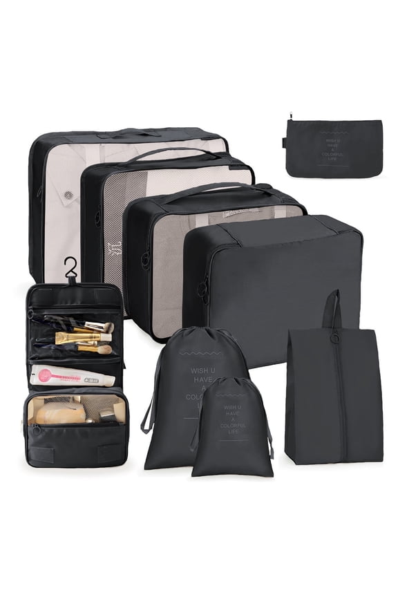 Packing Cubes 9 Sets, Travel Luggage Organizer Set with Hanging Toiletry Bag & Shoe Bag, Mesh Suitcase Essentials, Vacation Storage for Men Women, Black