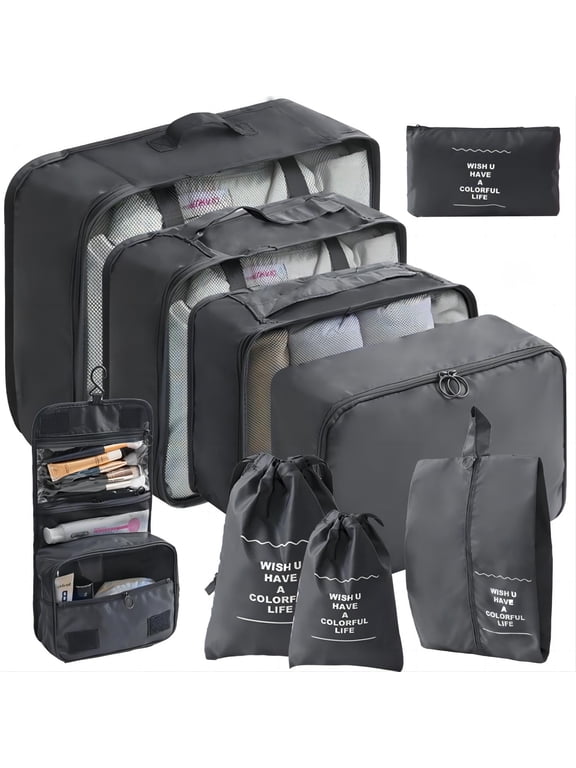Packing Cubes 9 Set, Travel Packing Organizers with Large Toiletries Bag for Clothes Shoes, Black