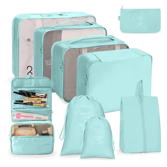 DAKOMM Packing Cubes 9 Sets, Travel Luggage Organizer Set with Hanging Toiletry Bag & Shoe Bag, Mesh Suitcase Essentials, Vacation Storage for Men Women, Blue