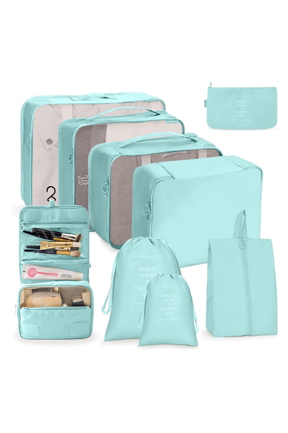 Packing Cubes 9 Sets, Travel Luggage Organizer Set with Hanging Toiletry Bag & Shoe Bag, Mesh Suitcase Essentials, Vacation Storage for Men Women, Blue
