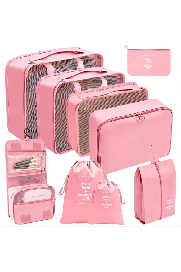 Packing Cubes 9 Set, Travel Packing Organizers with Large Toiletries Bag for Clothes Shoes, Pink