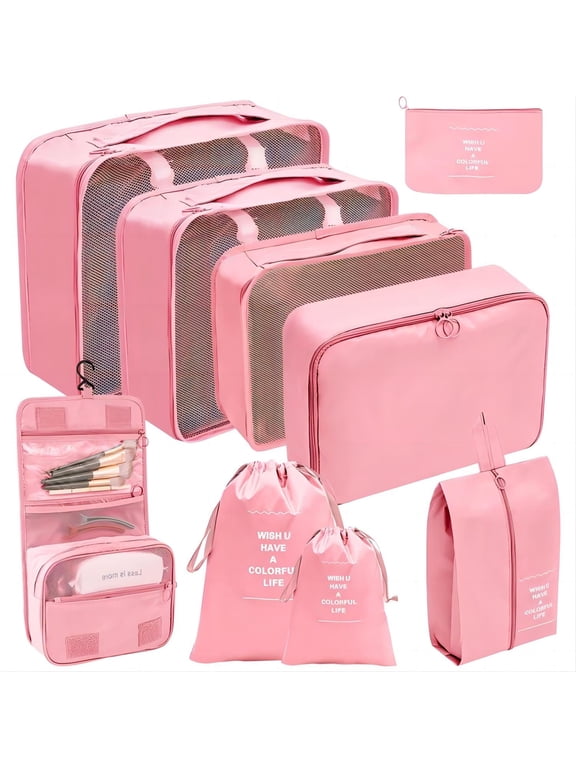Packing Cubes 9 Set, Travel Packing Organizers with Large Toiletries Bag for Clothes Shoes, Pink
