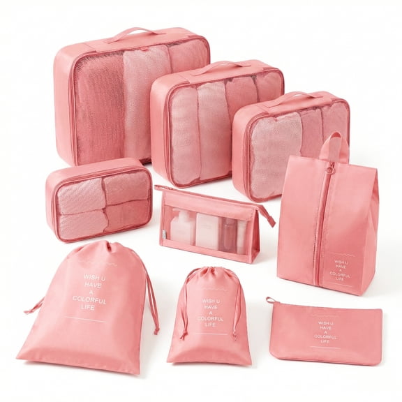 9-Piece Travel Packing Cubes Organizer Set with Shoe Bag and Toiletry Bag, Pink