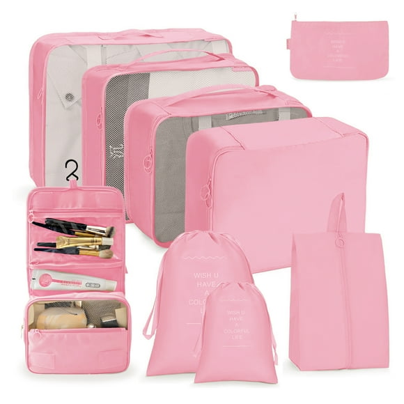 Packing Cubes 9 Sets for Travel Luggage, Luggage Organizer Set with Hanging Toiletry Bag & Shoe Bag, Breathable Mesh Vacation Essentials for Suitcase, Travel Storage Bags for Men Women, Pink