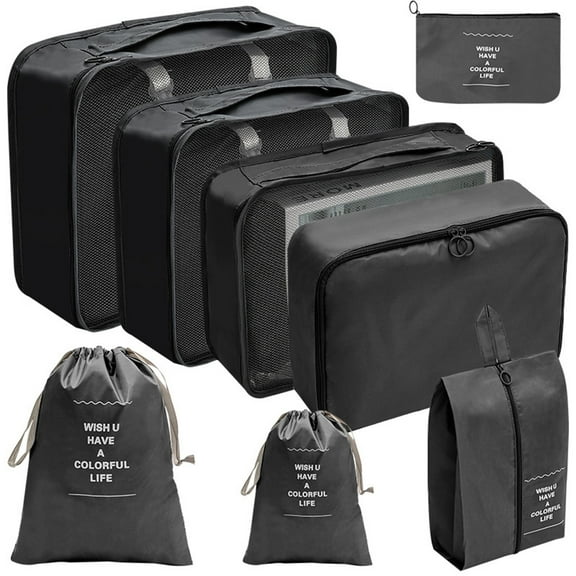 Packing Cubes For Travel 8Pcs Travel Cubes Set Foldable Suitcase Organizer Lightweight Luggage Storage Bag Polyester Fibre, Black One Size