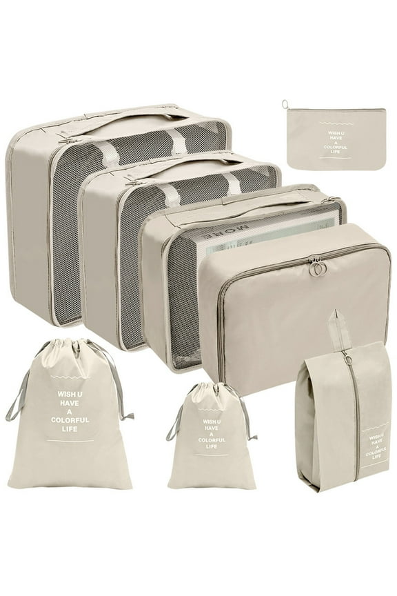 Packing Cubes For Travel 8Pcs Travel Cubes Set Foldable Suitcase Organizer Lightweight Luggage Storage Bag Storage Case,Beige,Polyester Fibre