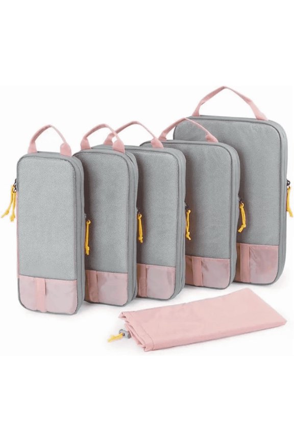 Compression Packing Cubes for Travel, 6 Pcs Expandable Foldable Lightweight Packing Organizers for Luggage and Suitcases, Baby Pink