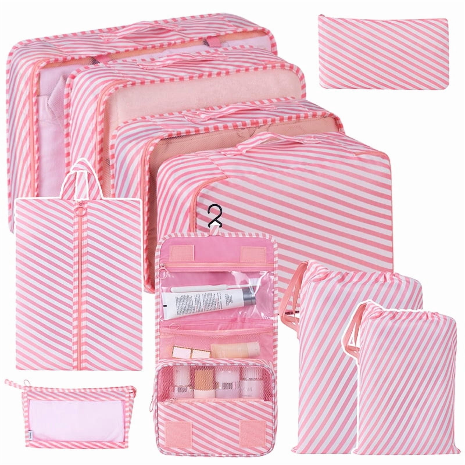Packing Cubes for Travel,AILKIN 10 PCS,Compression Bags For Travel with Shoe&Hanging Toiletry Bag,Suitcase Travel Accessories Essentials Organizer Bags Packing Cubes for Luggage Compression，Pink