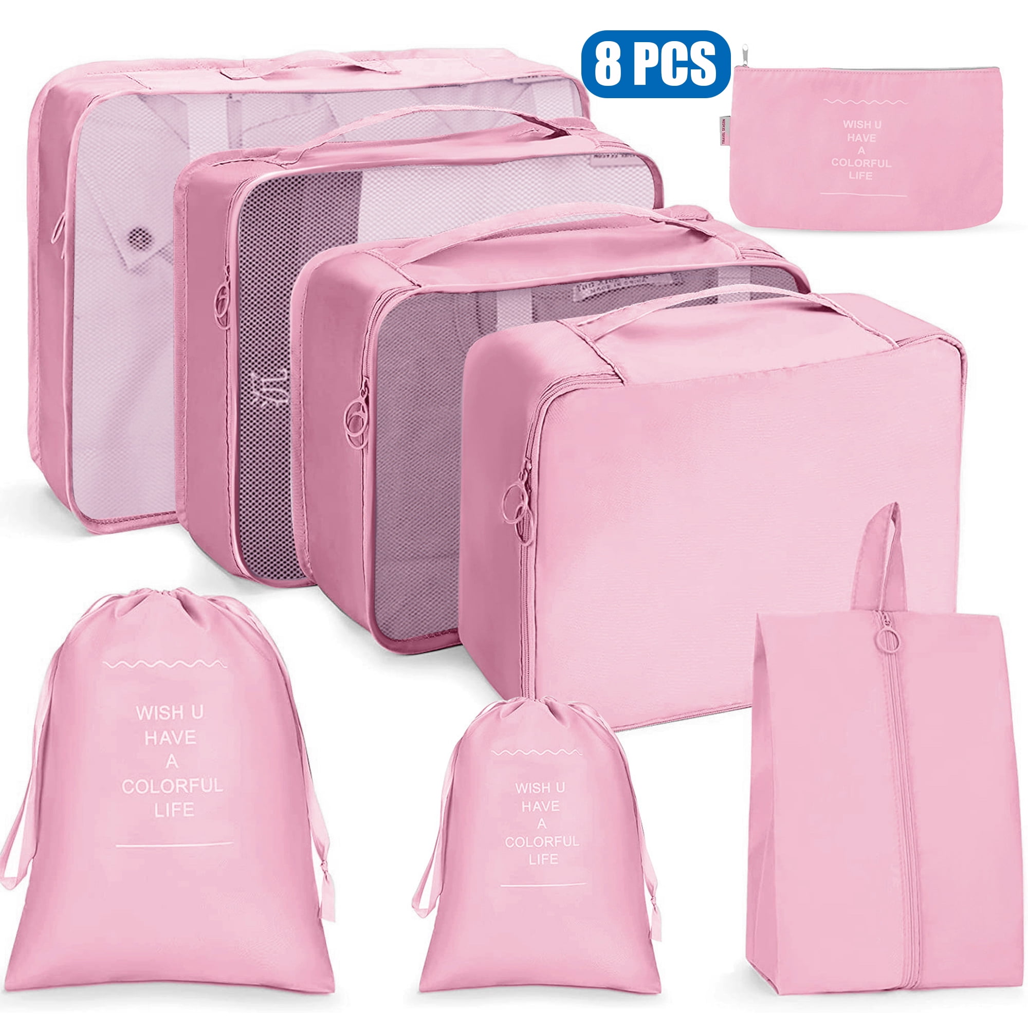 Packing Cubes for Luggage, Compression Packing Cubes Travel Luggage Organiser Bag, Foldable Large Capacity Waterproof Suitcase Storage, 8 Pcs Pink