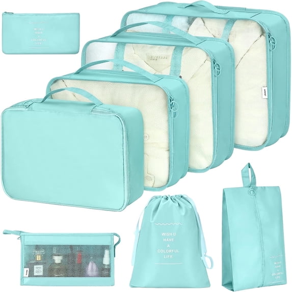 Packing Cubes for Travel, 8Pcs Travel Cubes Set Foldable Suitcase Organizer Lightweight Luggage Storage Bag, Light Blue