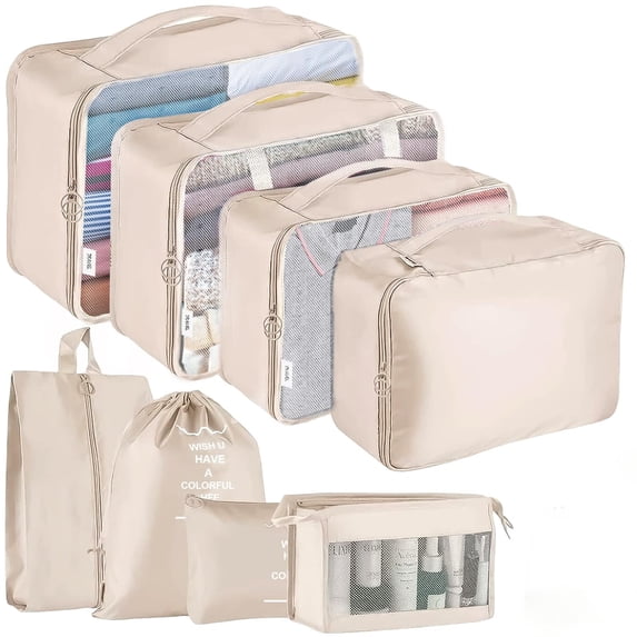 Packing Cubes for Travel, 8Pcs Travel Cubes Set Foldable Waterproof Suitcase Organizer Luggage Storage Bag, Beige