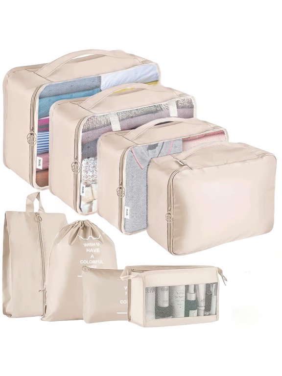 Packing Cubes for Travel, 8Pcs Travel Cubes Set Foldable Waterproof Suitcase Organizer Luggage Storage Bag, Beige