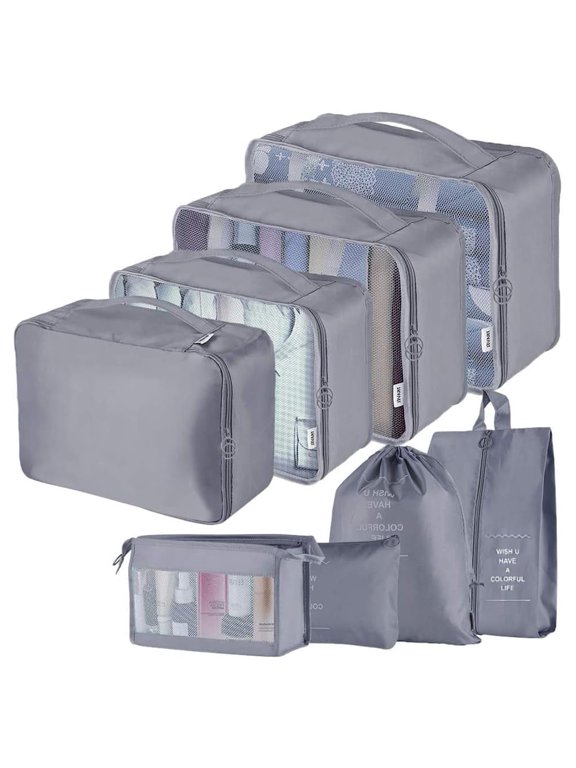 Packing Cubes for Travel, 8Pcs Travel Cubes Set Foldable Waterproof Suitcase Organizer Luggage Storage Bag, Gray