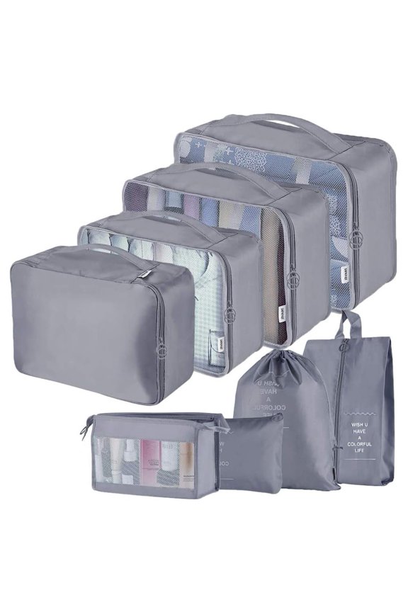 Packing Cubes for Travel, 8Pcs Travel Cubes Set Foldable Waterproof Suitcase Organizer Luggage Storage Bag, Gray