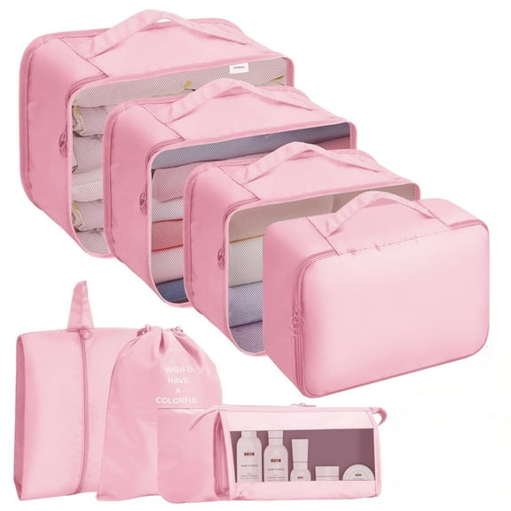 Packing Cubes for Travel, 8Pcs Travel Cubes Set Foldable Waterproof Suitcase Organizer Luggage Storage Bag, Pink