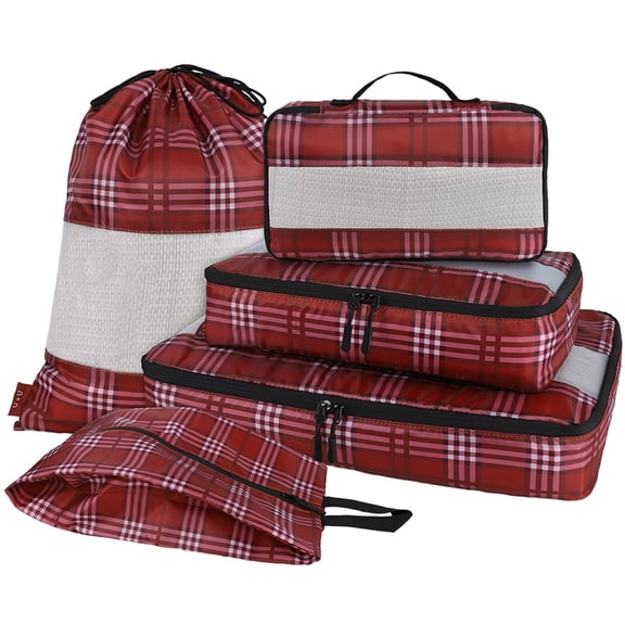 Packing Organizer Cubes 5 Set Burgundy Checkered for Travel Business Trip Camping