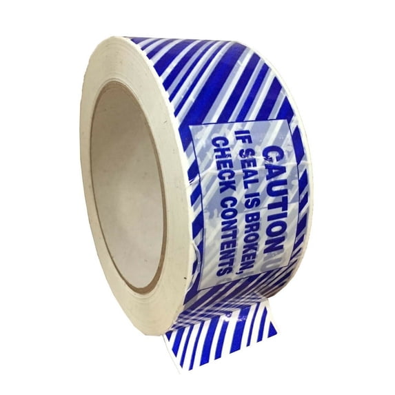 SSBM 1.88 Inch x 110 Yards White/Blue Striped Security Tape Caution Printed, 1.9 Mil, Tamper-Evident Seal for Packaging, 1296 Rolls