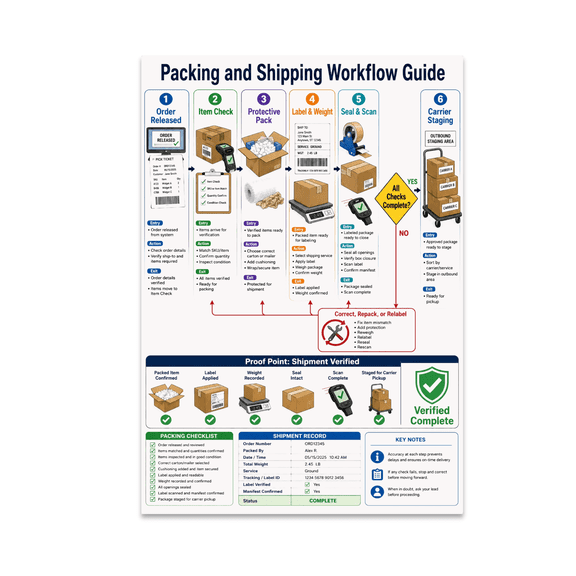 Packing and Shipping Workflow Guide Poster, E-Commerce Teams, Warehouses, and Small Businesses, 13x19 Glossy Paper