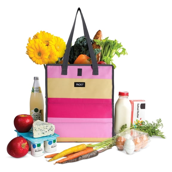 Packit Freezable Grocery Bag, Pink Stripe