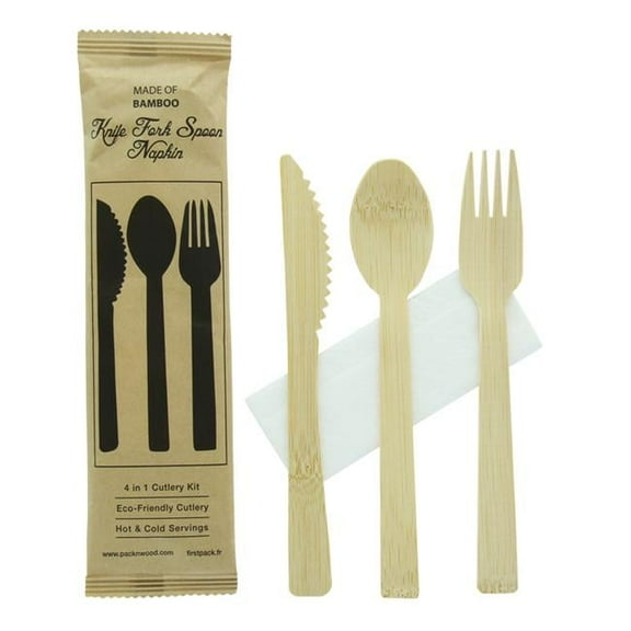 PacknWood 210CVBJNK4K 6.7 in. 4 Knife Anji Bamboo Cutlery Kit Fork Tablespoon Napkin, Kraftwrap