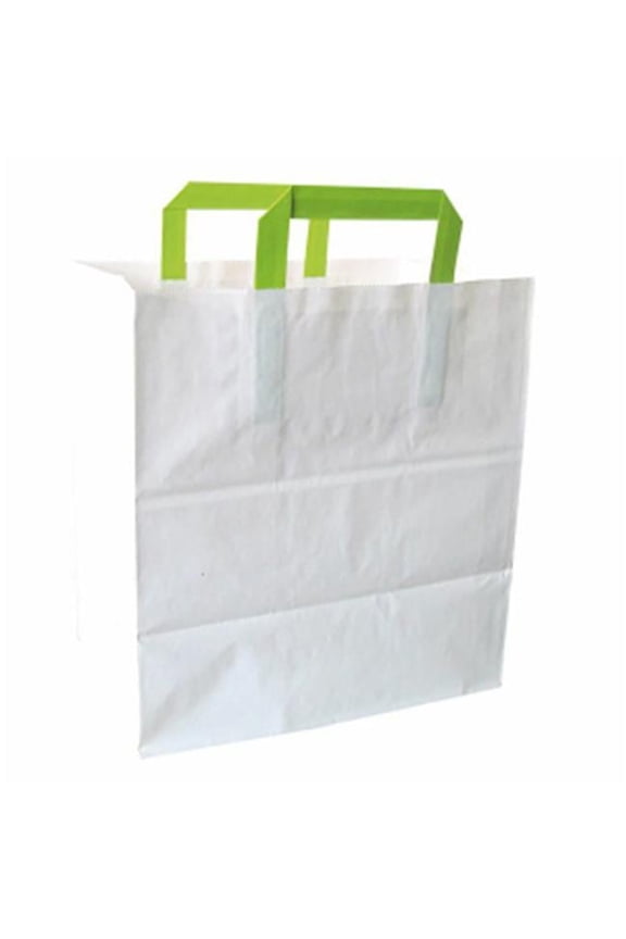 210CAB2518W White Takeout Bag with Green Handles - 10.2 x 6.7 x 3.1 in.
