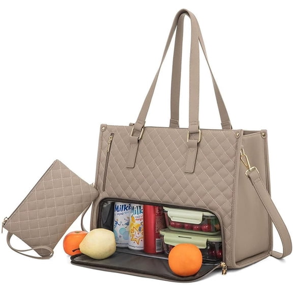 Packuum 3 In 1 Tote Bag PU Leather Work Lunch Bag with Insulated Compartment Stylish 15.6 Inch Laptop Tote Bag