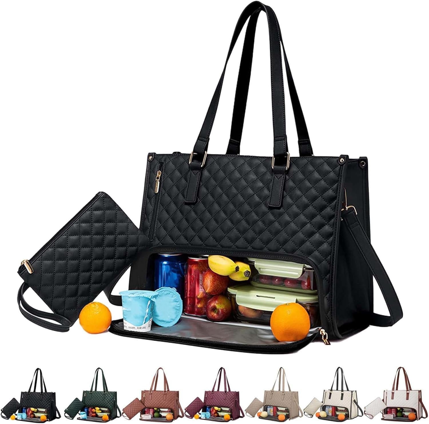 3 In 1 Tote Bag With Lunch Compartment,15.6 Inch Tote Bags with Lunch Compartment, Lunch Bag Women Insulated, for Work Travel (Black)