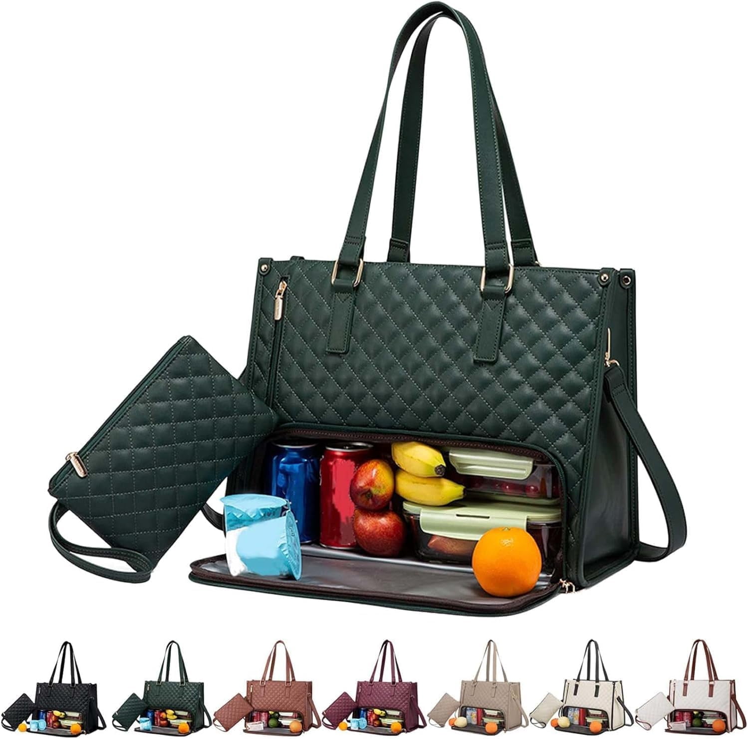 3 In 1 Tote Bag With Lunch Compartment,15.6 Inch Tote Bags with Lunch Compartment, Lunch Bag Women Insulated, for Work Travel (Green)